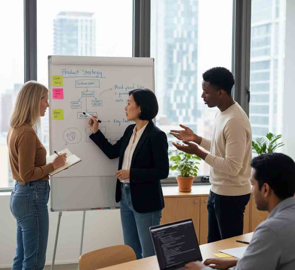 Product manager leading a diverse team collaboration meeting on product strategy