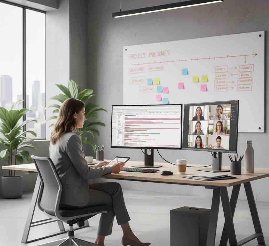 Project Manager managing multiple tasks in modern office environment
