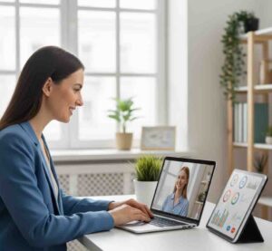 Remote Nurse Practitioner conducting a telemedicine consultation from a home office