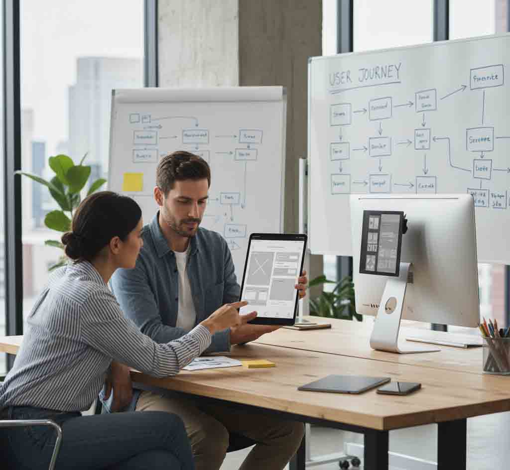 UX designer collaborating and presenting wireframe