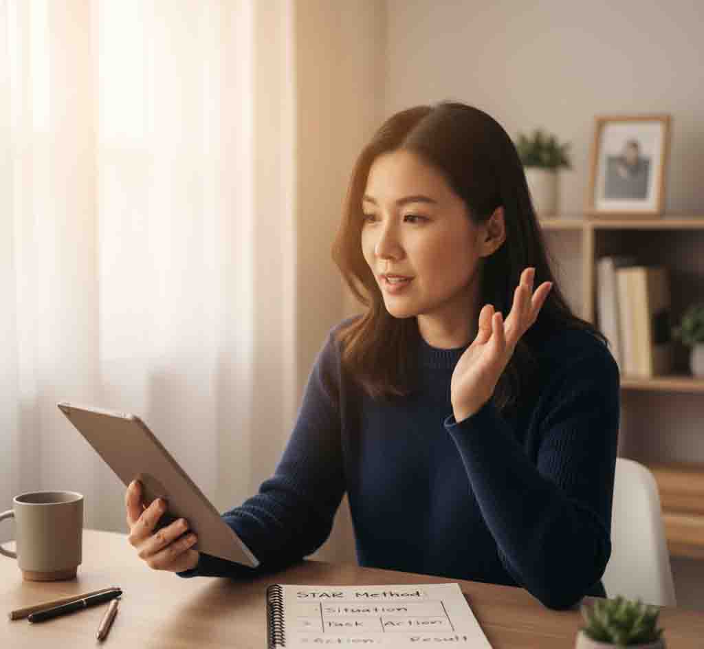 Professional preparing for behavioral interview using STAR method