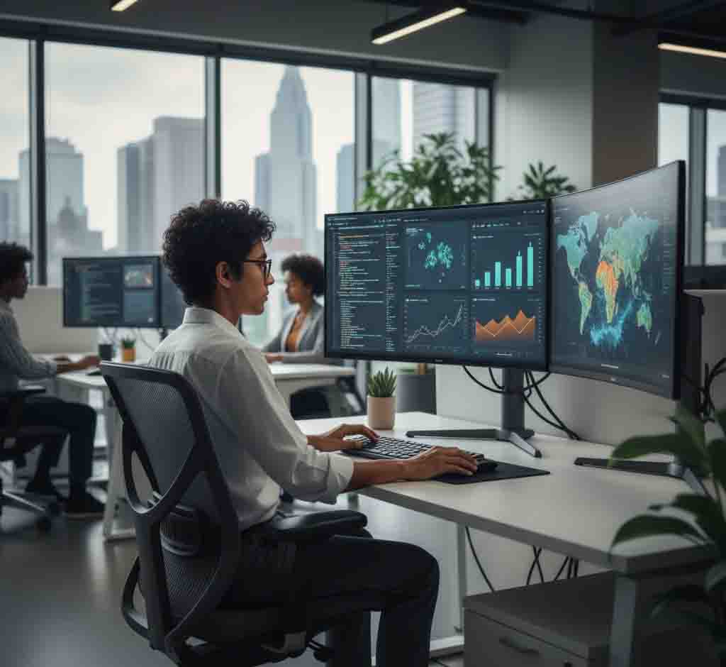 Data scientist analyzing data visualizations on multiple monitors in office setting