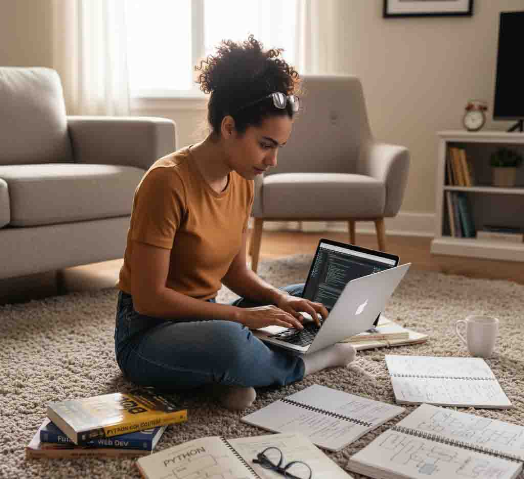 Self-taught programmer learning coding at home with laptop and study materials