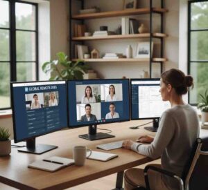 Professional searching for remote jobs in home office setup