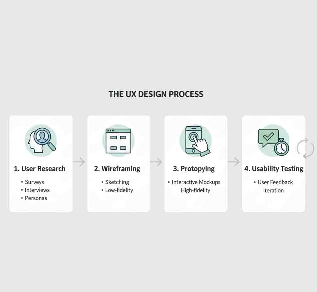 UX design process infographic from research to testing
