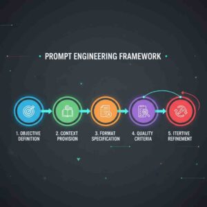 Step-by-step AI prompt engineering framework infographic with visual icons for each stage