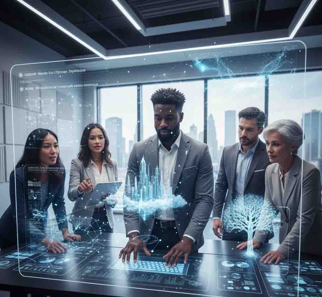 Diverse U.S. professionals collaborating on AI prompt engineering in modern office with interactive screen