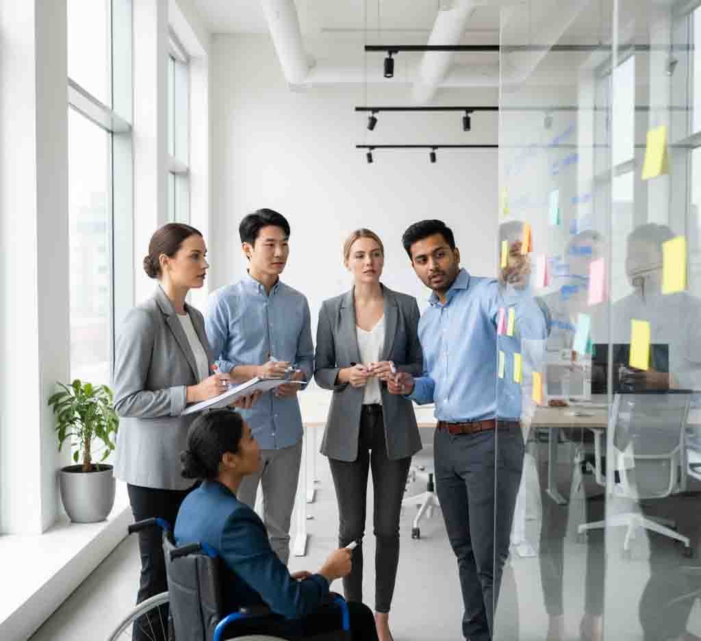 Diverse team collaborating on a project in a modern office