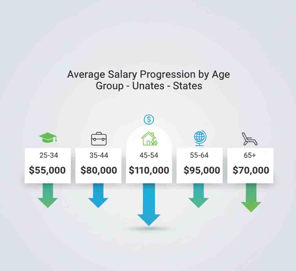 U.S. salary progression by age group infographic showing peak earnings from 45 to 54