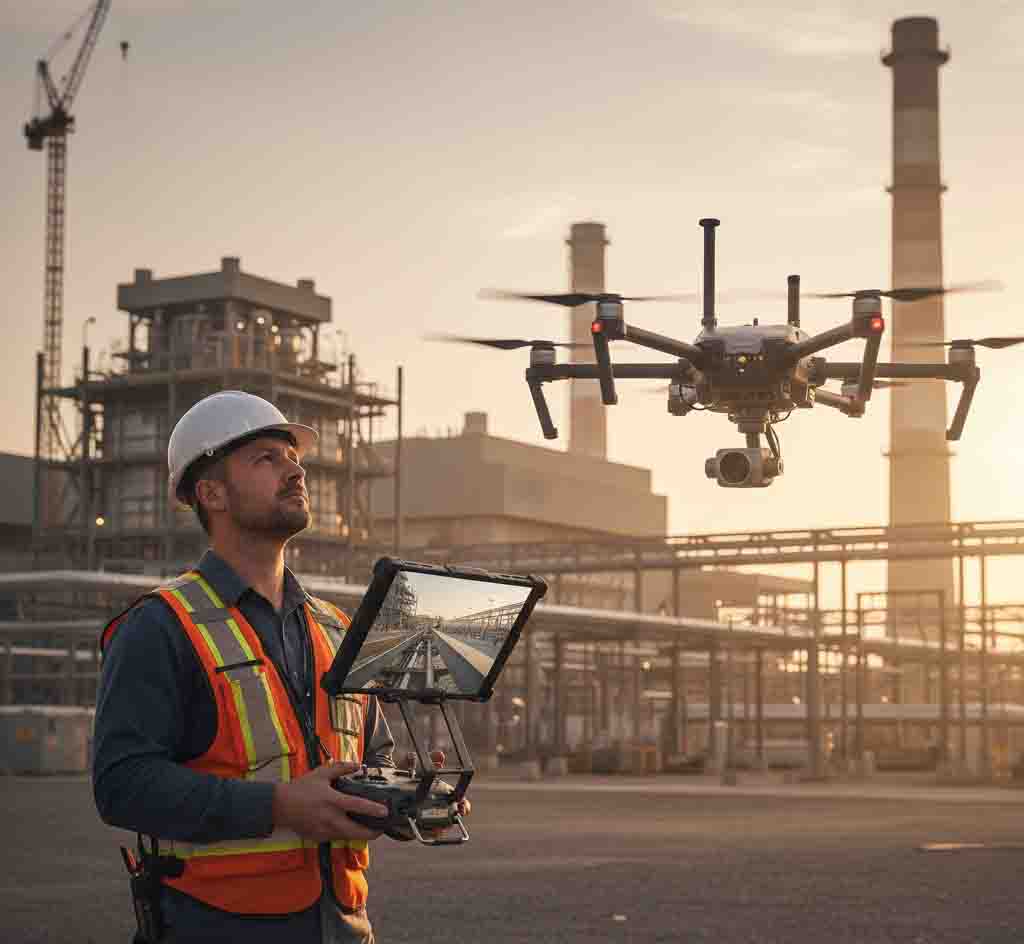 Professional drone pilot conducting commercial infrastructure inspection