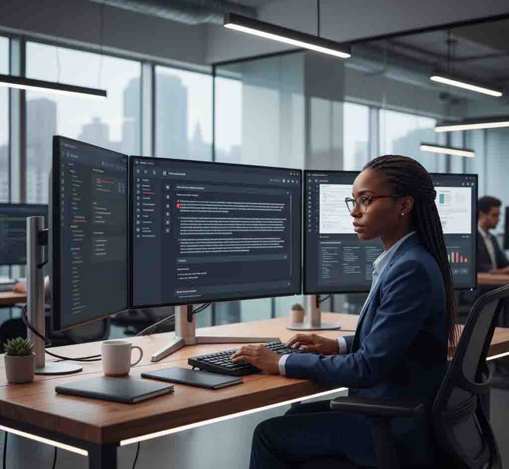 Professional using AI prompt engineering techniques in modern workplace