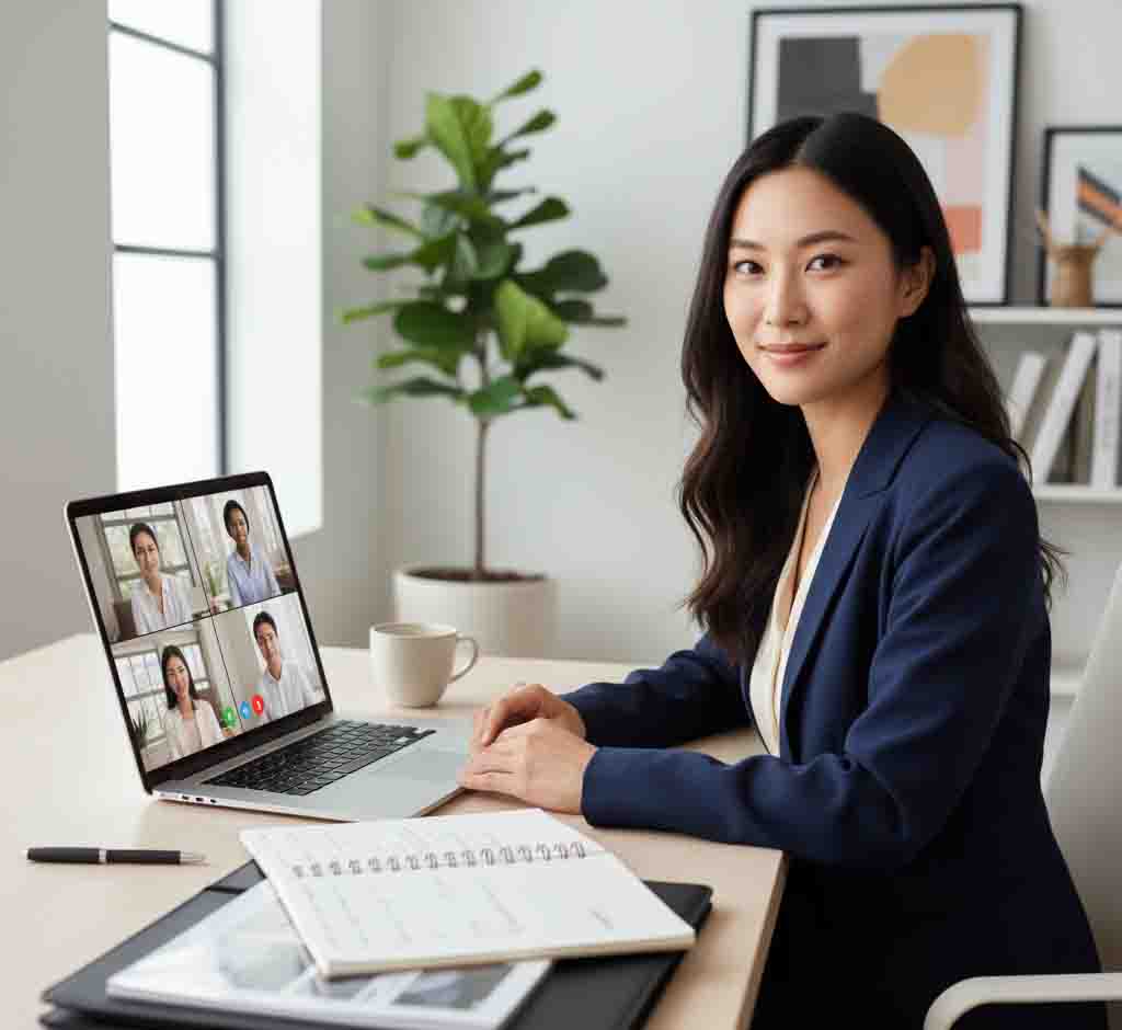 A confident professional participating in a virtual job interview via laptop, with notes and a prepared portfolio visible on the desk.