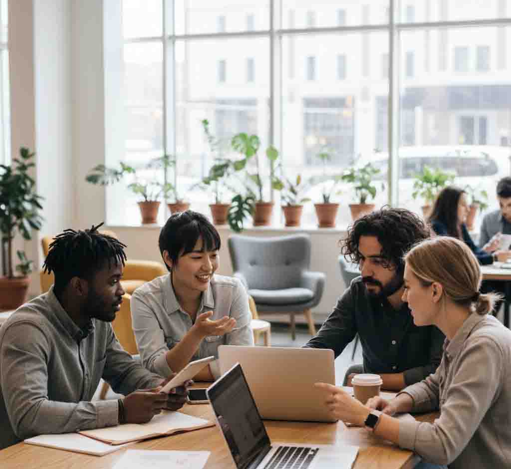 Diverse professionals networking in a modern collaborative environment