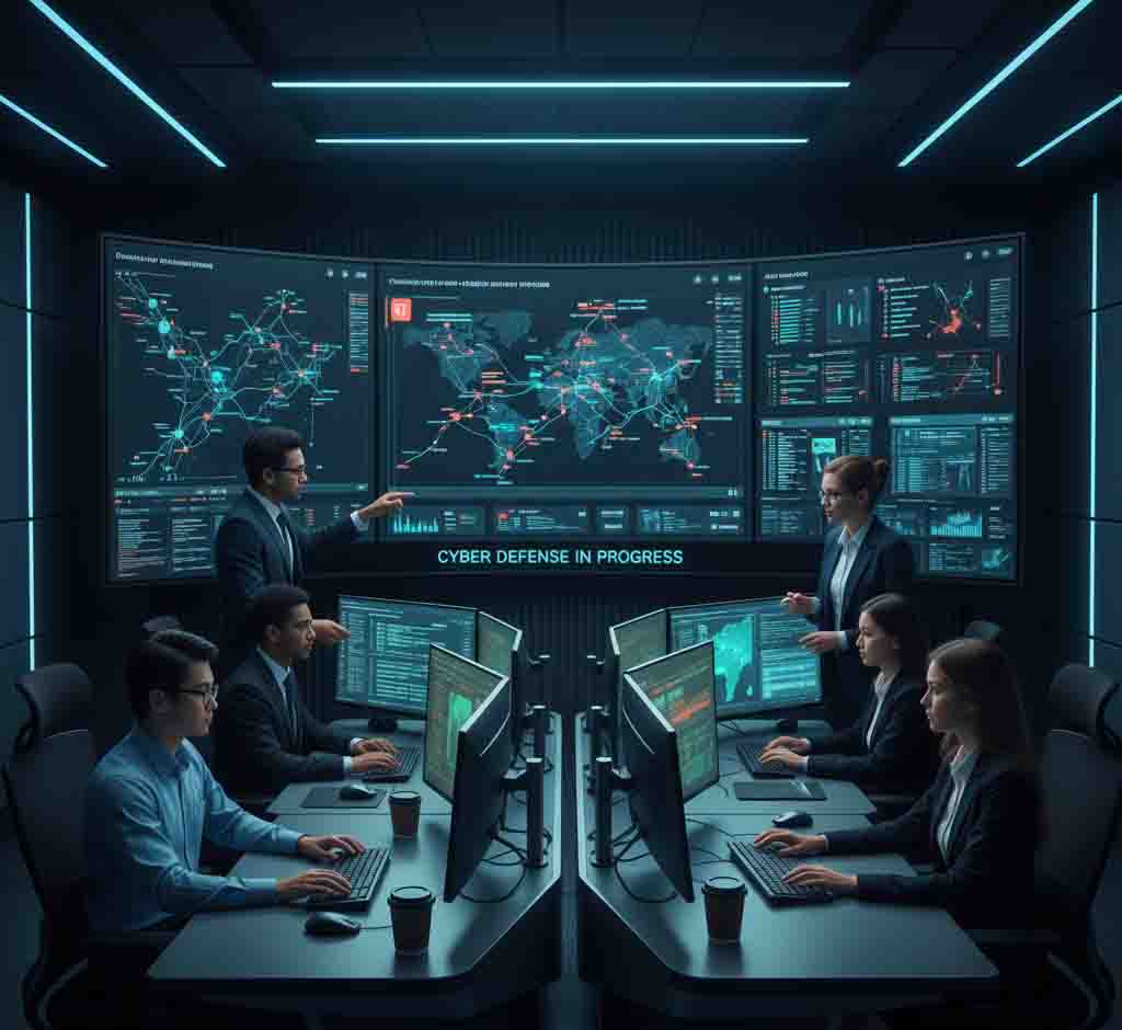 Diverse cybersecurity team monitoring security operations center with network dashboards and threat intelligence displays