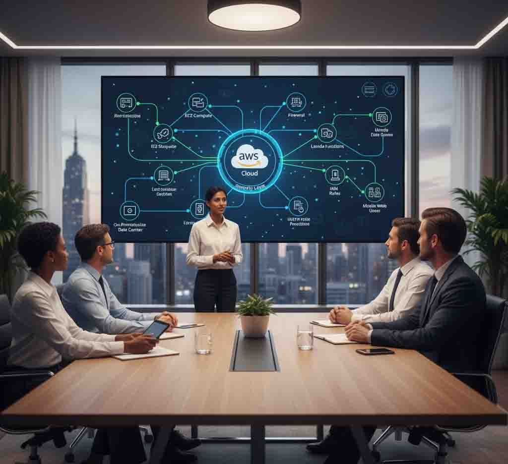Cloud architect presenting network diagram to team in modern business meeting