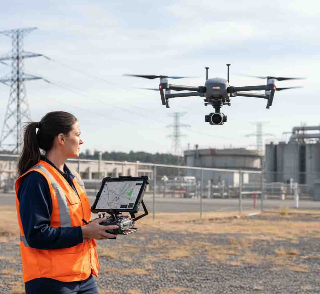 Certified professional drone pilot operating UAV for commercial inspection