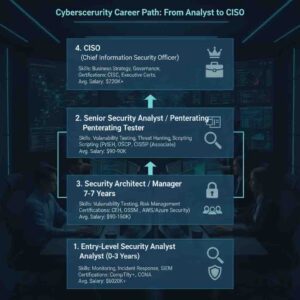 Cybersecurity career path infographic showing progression from analyst to CISO with certifications and timelines