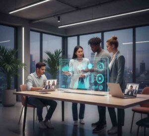 Diverse professionals discussing salary data and remote work options in a modern 2025 office environment