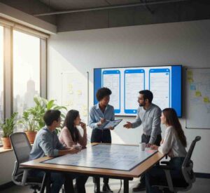 Diverse UX design team collaborating on a wireframe in a modern office