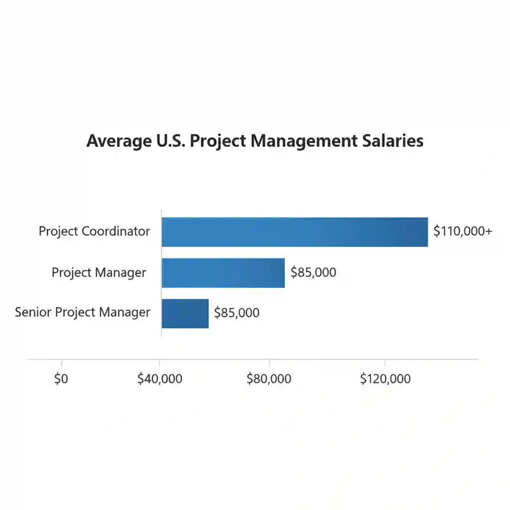 A bar chart showing the average U.S. salary trajectory for project management roles. The chart displays that a Project Coordinator earns around $62,500, a Project Manager earns around $85,000, and a Senior Project Manager earns over $110,000.