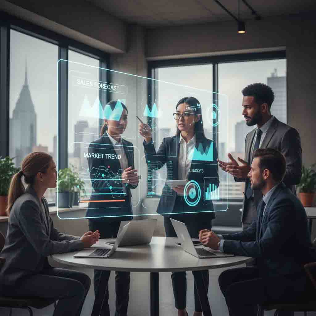 Diverse business team collaborating on AI-powered data analysis dashboard with predictive analytics