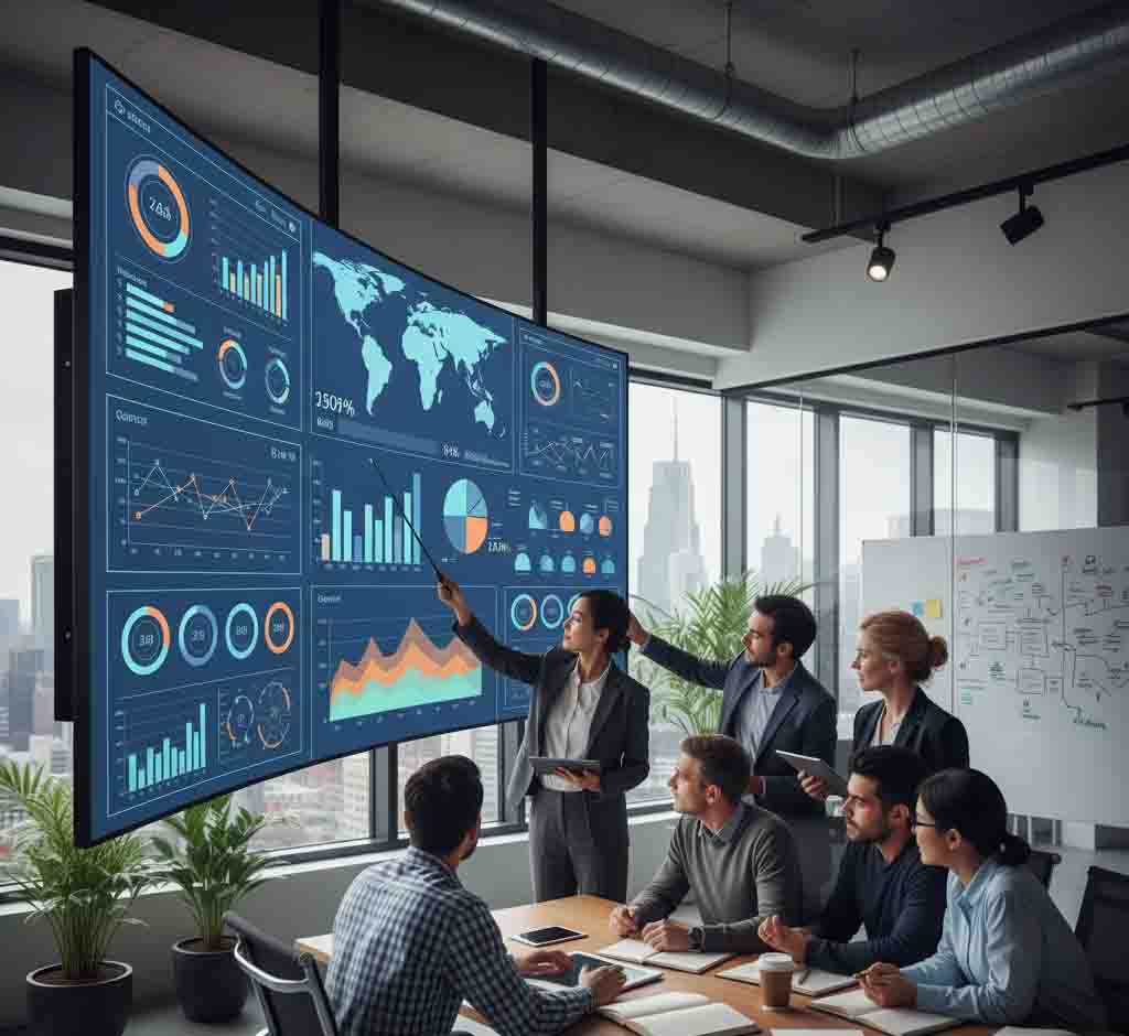Data Scientist team analyzing dashboard visualization