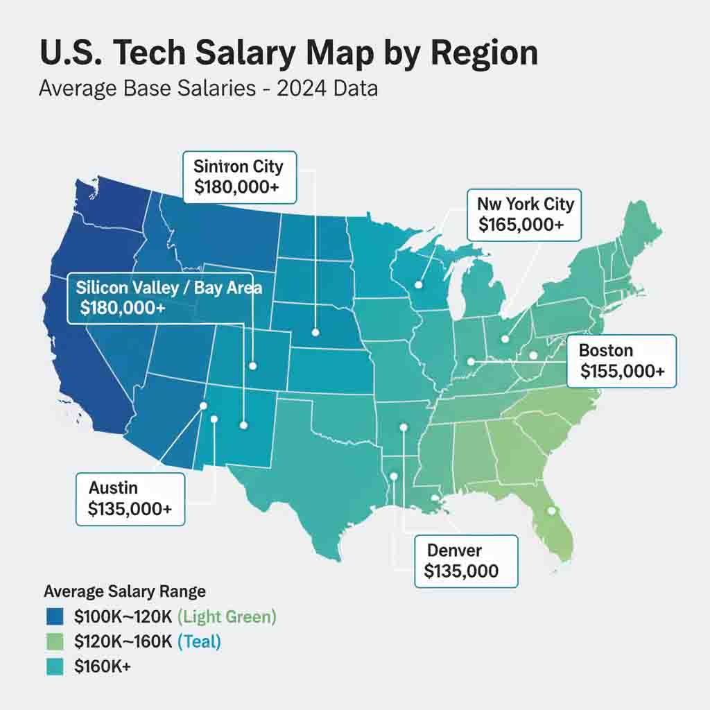 US tech salary map 2025 showing regional variations and tech hub compensation