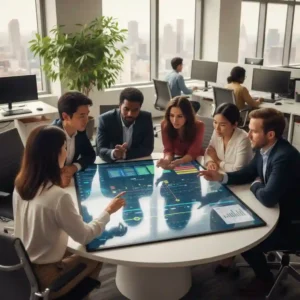 Diverse project management team collaborating around interactive project dashboard