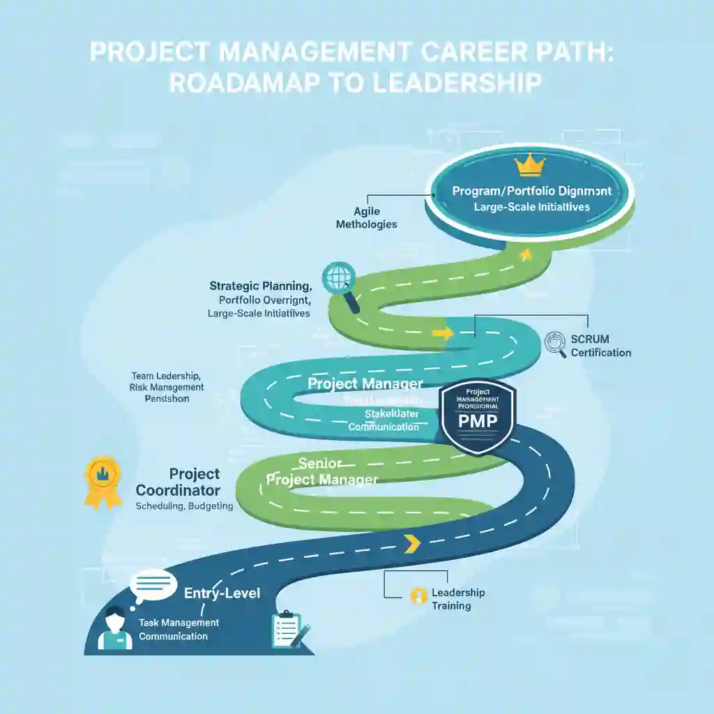 Project management career path infographic showing progression from coordinator to director