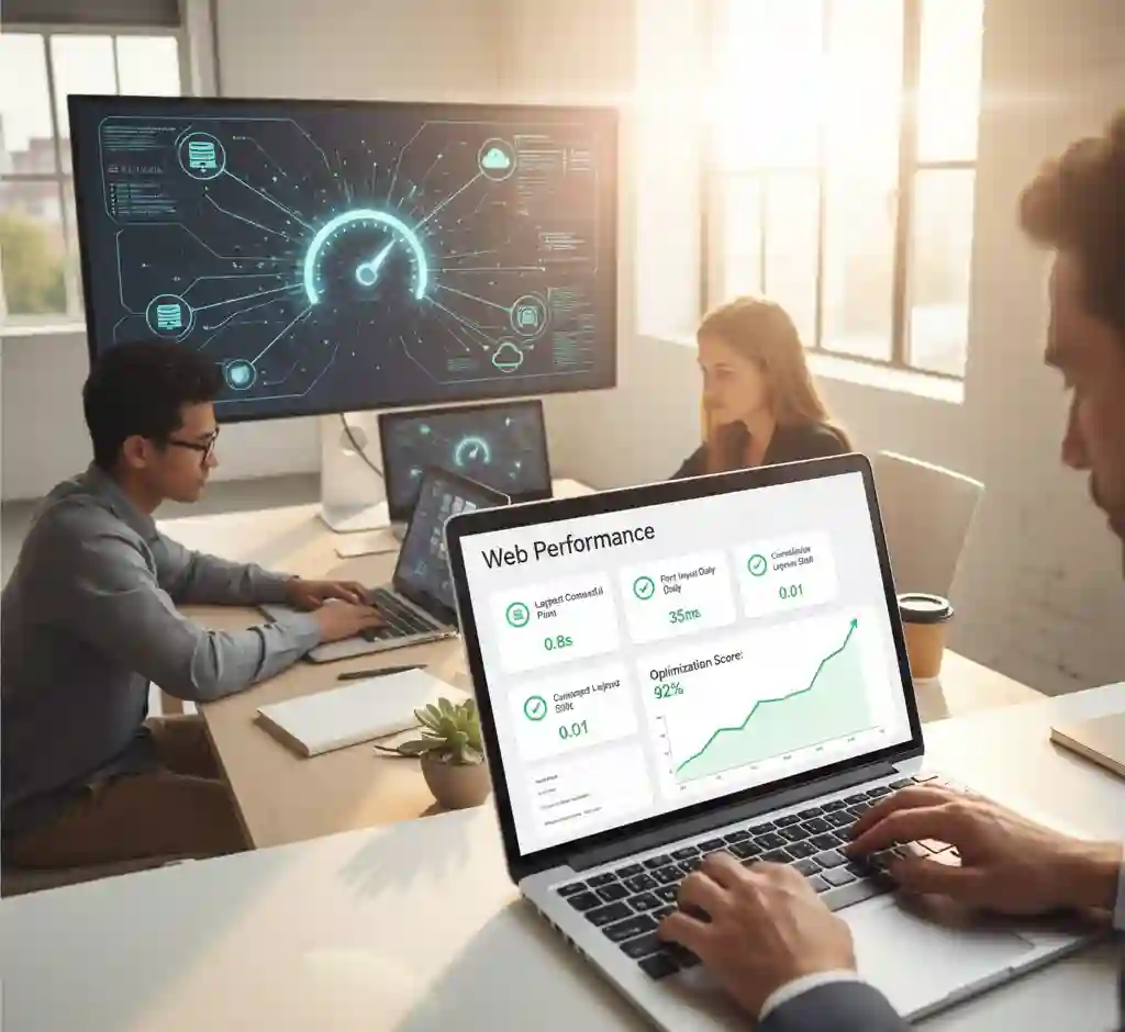Laptop screen showing a web performance dashboard with Core Web Vitals metrics and improvement trends.