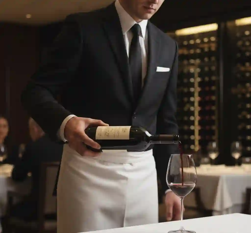 Professional wine pouring technique in fine dining setting
