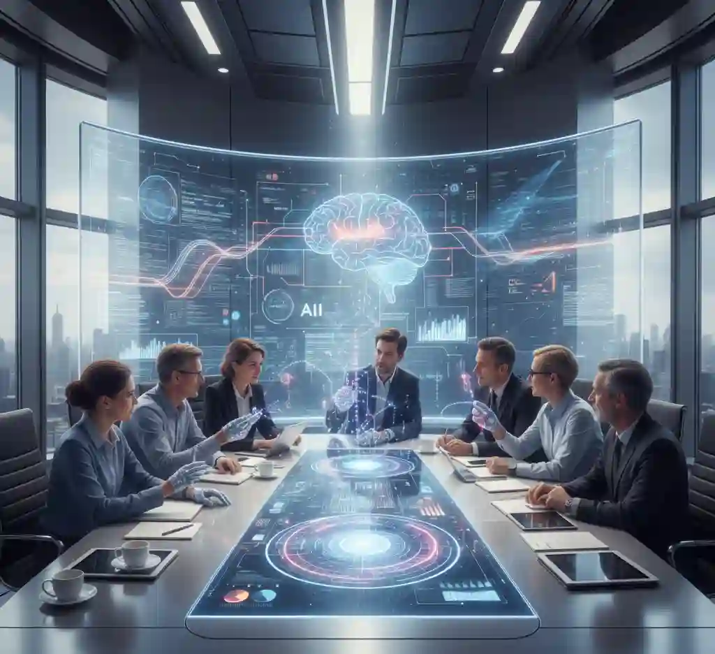 Diverse leadership team collaborating with AI interface in modern boardroom setting