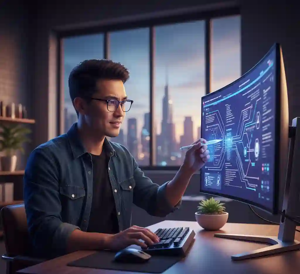 A professional prompt engineer working at a curved monitor, demonstrating focused creative skill.