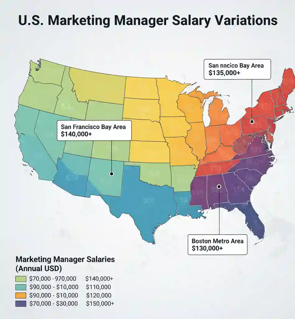 United States marketing salary map showing regional compensation variations for marketing roles