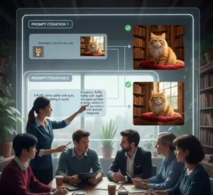 Professional refining AI prompts on digital whiteboard with visualization of iteration process