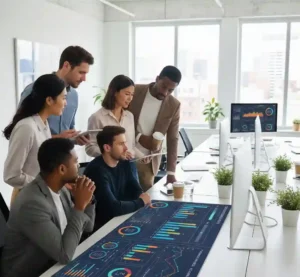 Diverse marketing team analyzing campaign performance metrics on digital dashboard