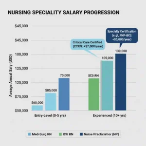 Nursing specialty salary progression chart showing certification impact on earnings