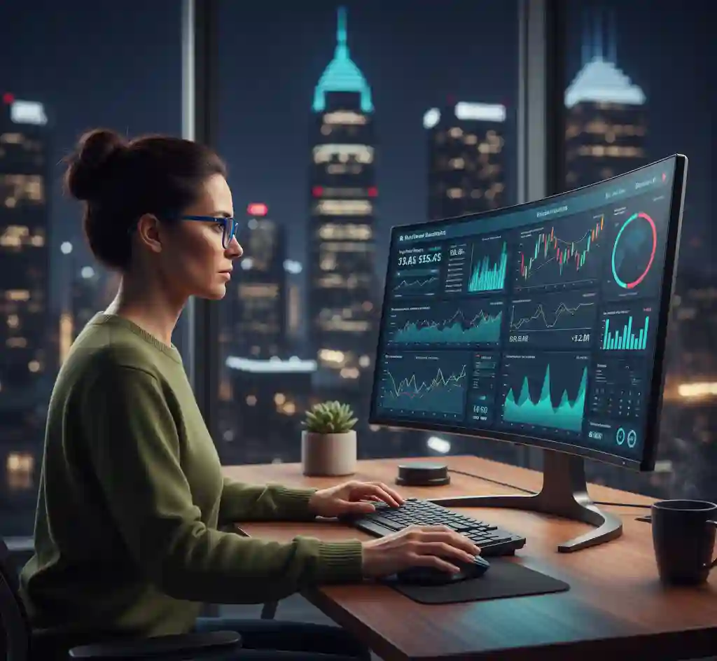 Data scientist analyzing financial metrics and complex data visualizations on a dashboard.