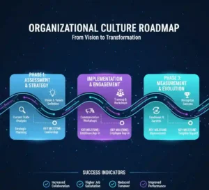Organizational culture roadmap infographic showing implementation phases and milestones