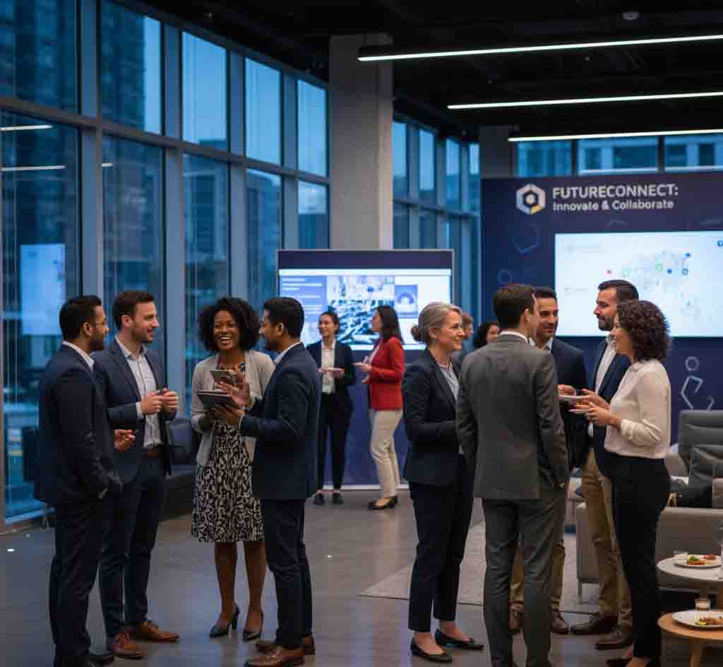 Diverse professionals engaged in authentic networking at modern business event