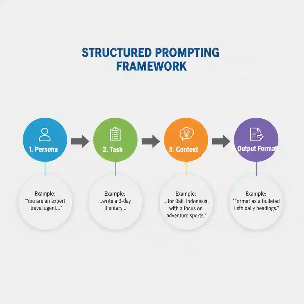 A diagram illustrating a structured prompting framework with steps: Persona, Task, Context, and Output Format.