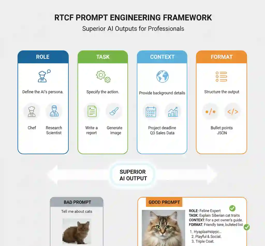 RTCF prompt engineering framework infographic with professional application examples