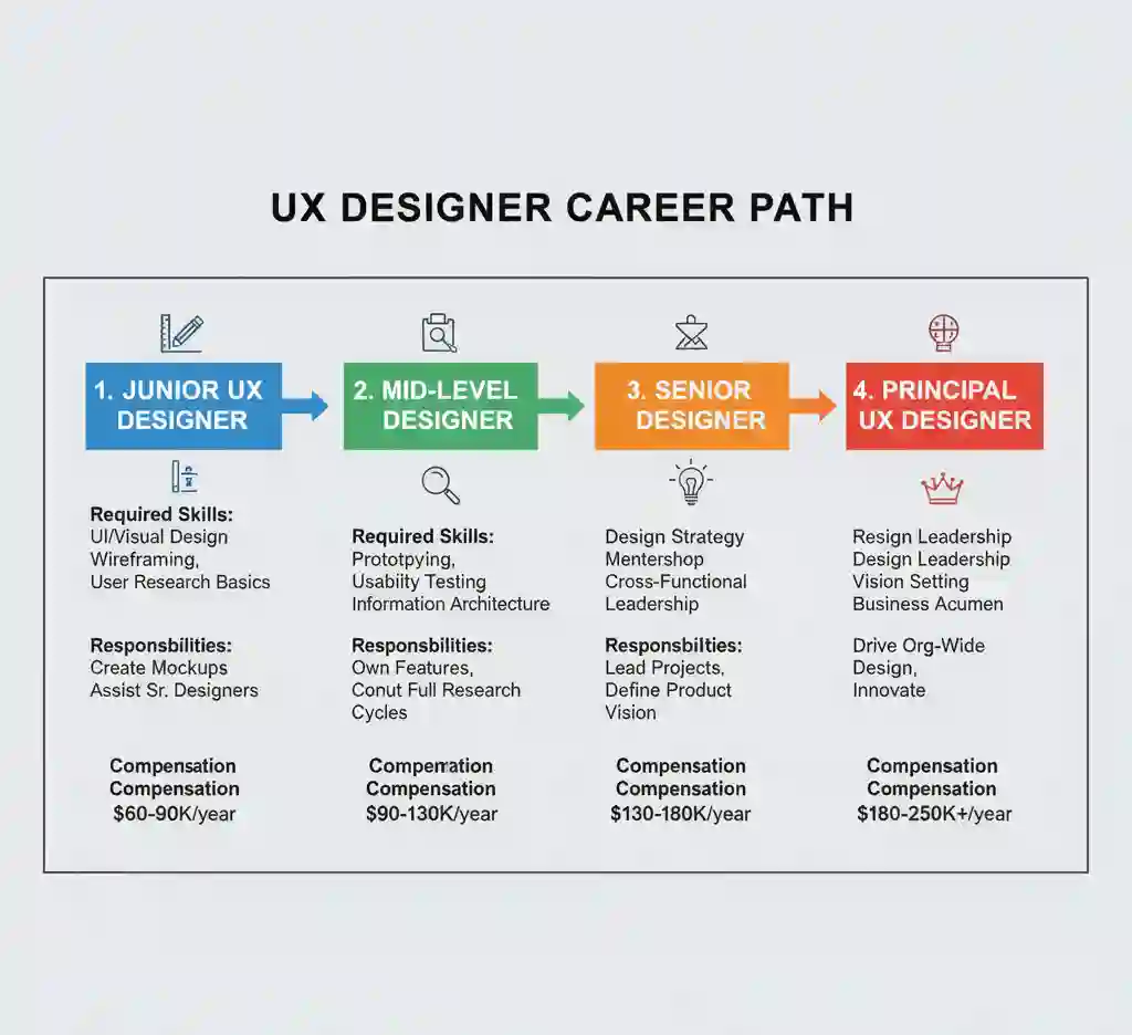 UX design career path infographic showing progression from junior to principal levels