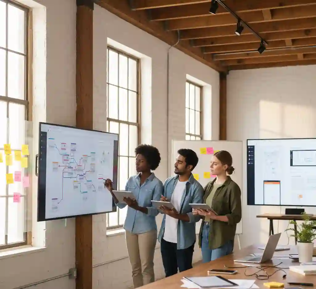 UX designer developing user journey maps in collaborative studio environment