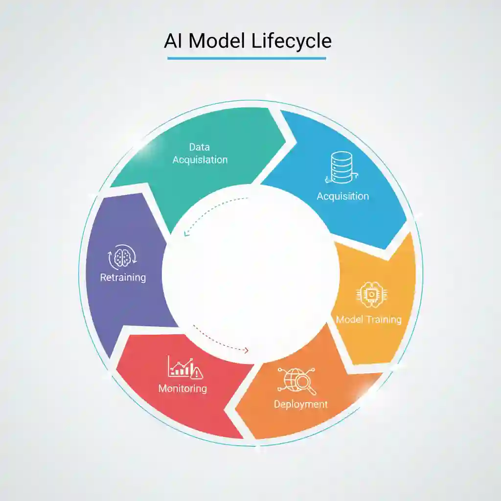 Infographic detailing the circular flow of the AI Product Manager's responsibilities: Data, Training, Deployment, Monitoring, and Retraining.